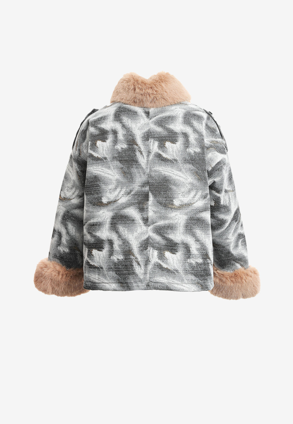 Chaqueta de mujer jacquard de chenilla con brillo, cuello y puños de pelo | MWM [PS_COLORS:GREY]