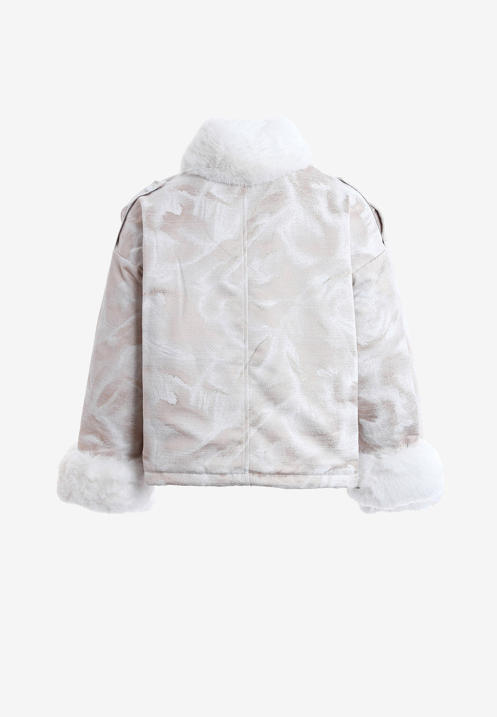 Chaqueta de mujer jacquard de chenilla con brillo, cuello y puños de pelo | MWM [PS_COLORS:IVORY]