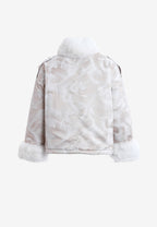 Chaqueta de mujer jacquard de chenilla con brillo, cuello y puños de pelo | MWM [PS_COLORS:IVORY]