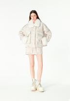 Chaqueta de mujer jacquard de chenilla con brillo, cuello y puños de pelo | MWM [PS_COLORS:IVORY]