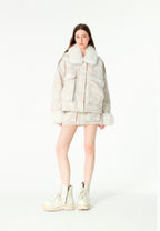 Chaqueta de mujer jacquard de chenilla con brillo, cuello y puños de pelo | MWM [PS_COLORS:IVORY]