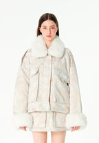 Chaqueta de mujer jacquard de chenilla con brillo, cuello y puños de pelo | MWM [PS_COLORS:IVORY]