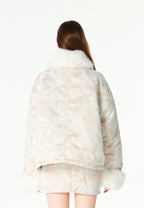 Chaqueta de mujer jacquard de chenilla con brillo, cuello y puños de pelo | MWM [PS_COLORS:IVORY]