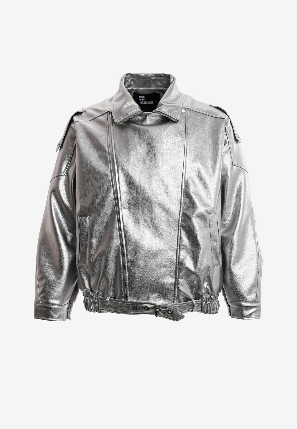 Chaqueta efecto piel con cierre cruzado asimétrico y cuello alto | MWM [PS_COLORS:SILVER]