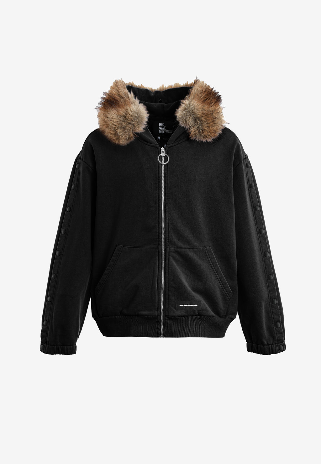 Sudadera con capucha de pelo, cremallera frontal y parche de cruz | MWM [PS_COLORS:BLACK]