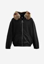 Sudadera con capucha de pelo, cremallera frontal y parche de cruz | MWM [PS_COLORS:BLACK]