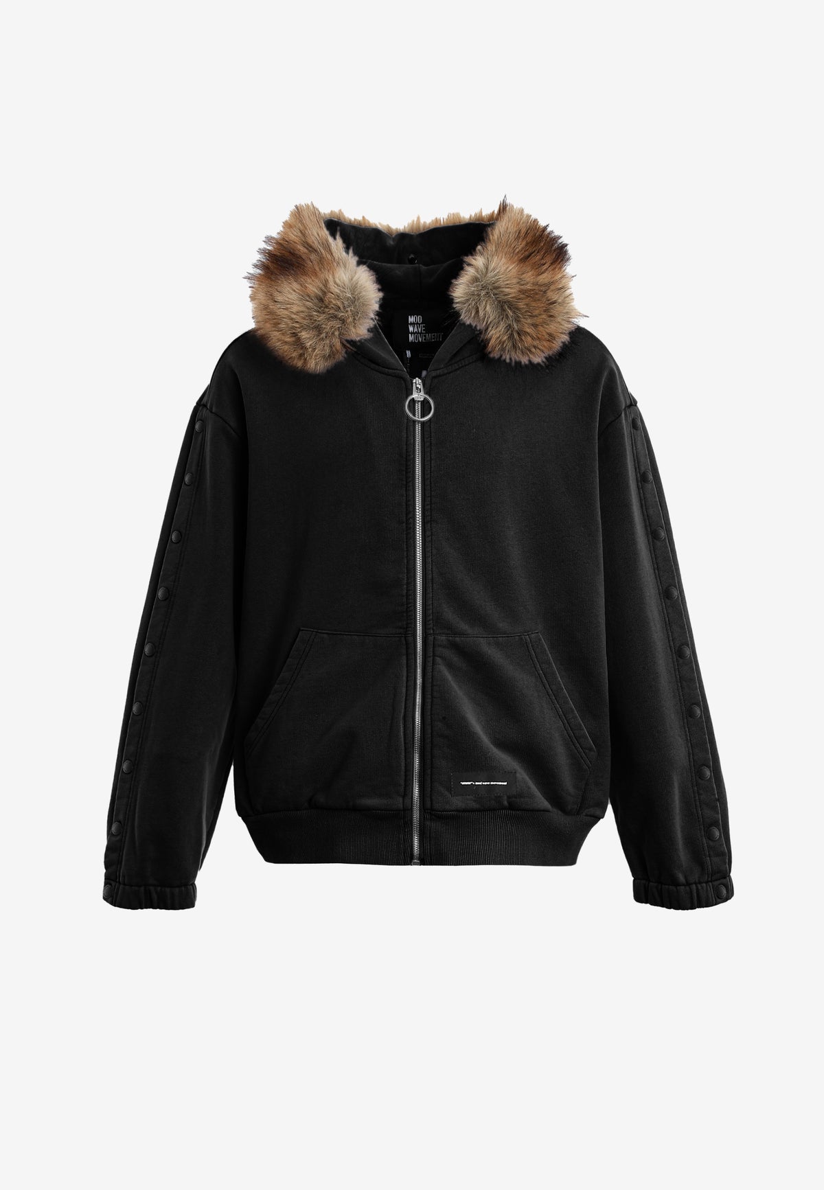 Sudadera con capucha de pelo, cremallera frontal y parche de cruz | MWM [PS_COLORS:BLACK]