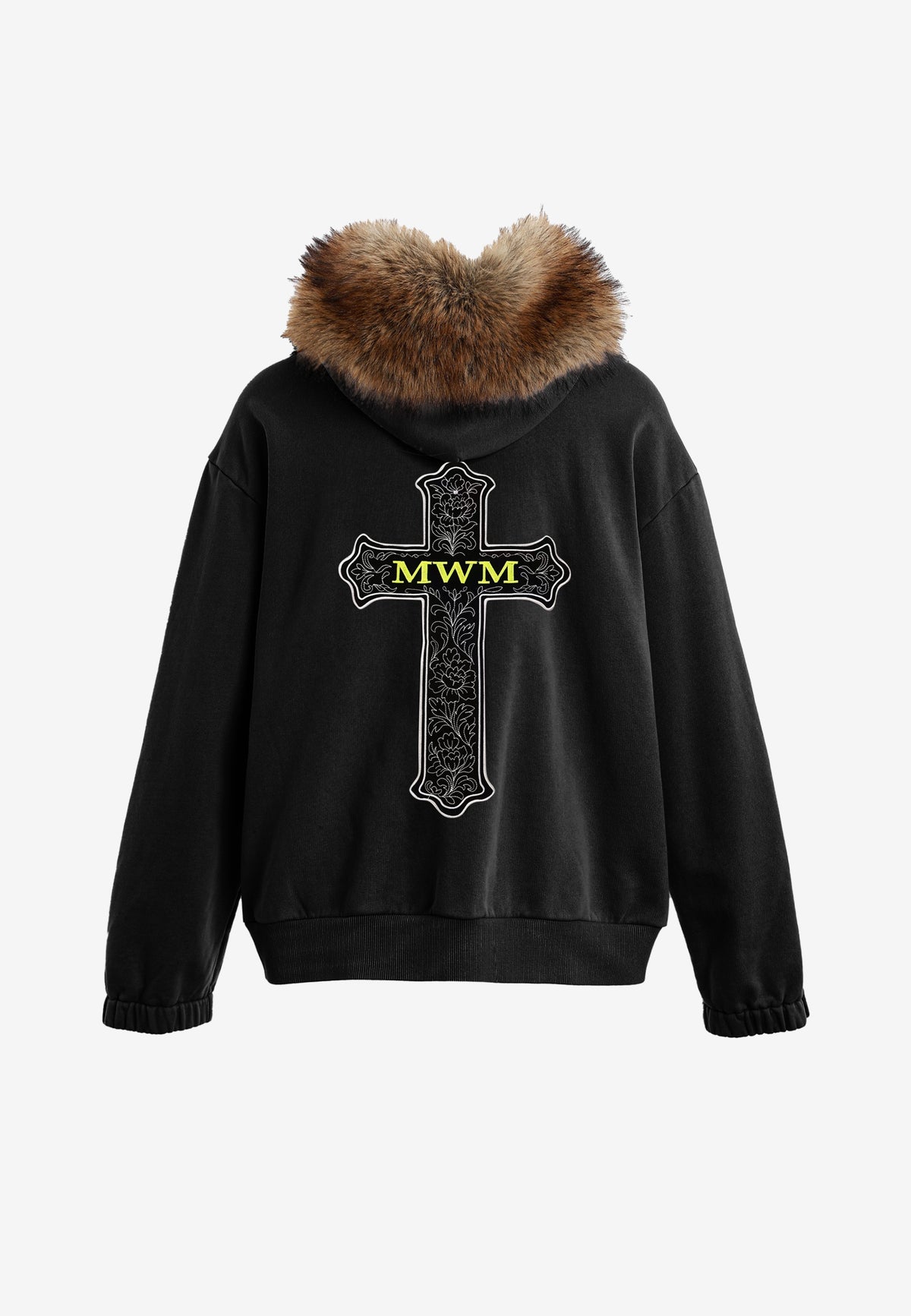 Sudadera con capucha de pelo, cremallera frontal y parche de cruz | MWM [PS_COLORS:BLACK]