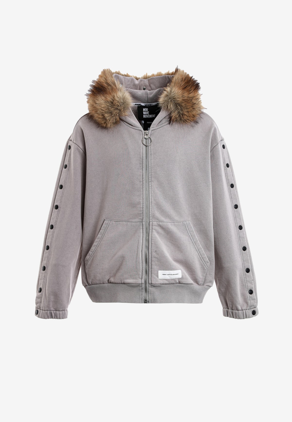 Sudadera con capucha de pelo, cremallera frontal y parche de cruz | MWM [PS_COLORS:GREY]