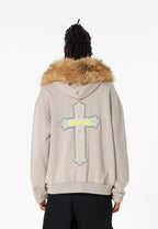 Sudadera con capucha de pelo, cremallera frontal y parche de cruz | MWM [PS_COLORS:GREY]