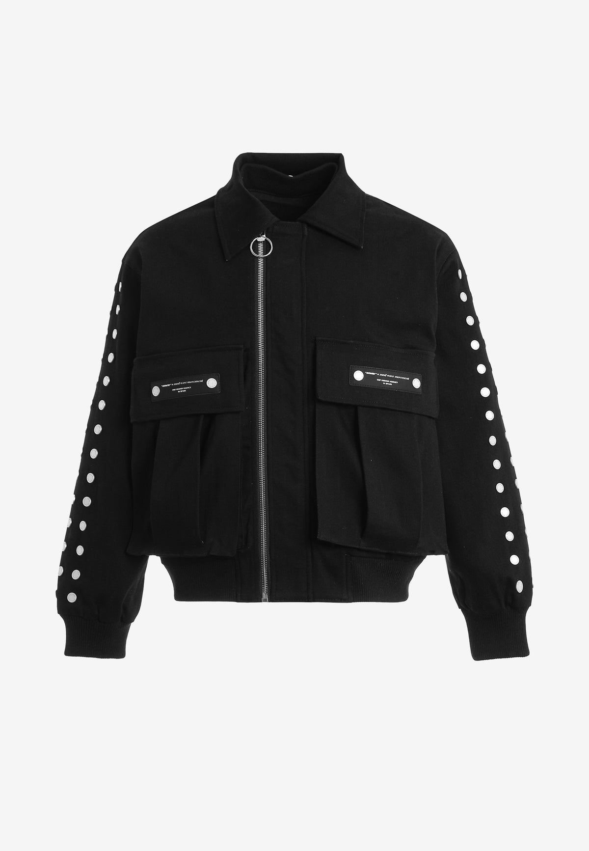 Chaqueta bomber vaquera con grandes bolsillos frontales y botones MWM en las mangas | MWM [PS_COLORS:BLACK]
