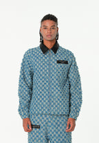 Chaqueta de trabajo jacquard de chenilla con brillo y cuello efecto piel | MWM [PS_COLORS:BLUE]