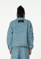 Chaqueta de trabajo jacquard de chenilla con brillo y cuello efecto piel | MWM [PS_COLORS:BLUE]