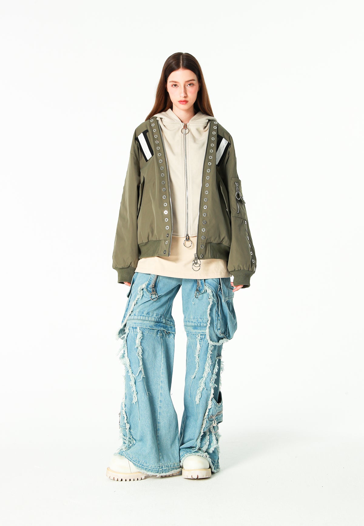 Chaqueta bomber Vanguard Dogs de doble capa con capucha y tachuelas | MWM [PS_COLORS:GREEN]