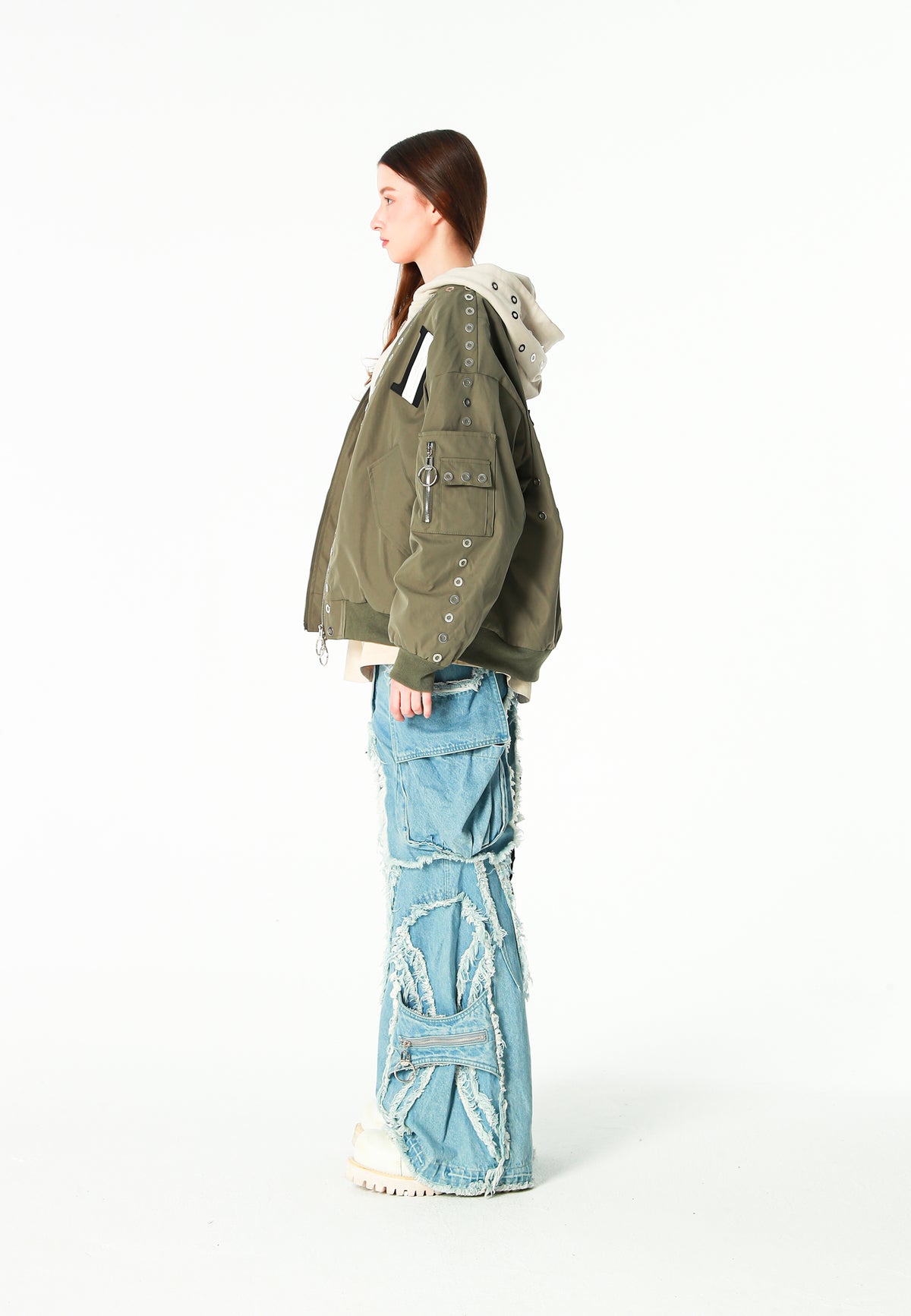 Chaqueta bomber Vanguard Dogs de doble capa con capucha y tachuelas | MWM [PS_COLORS:GREEN]