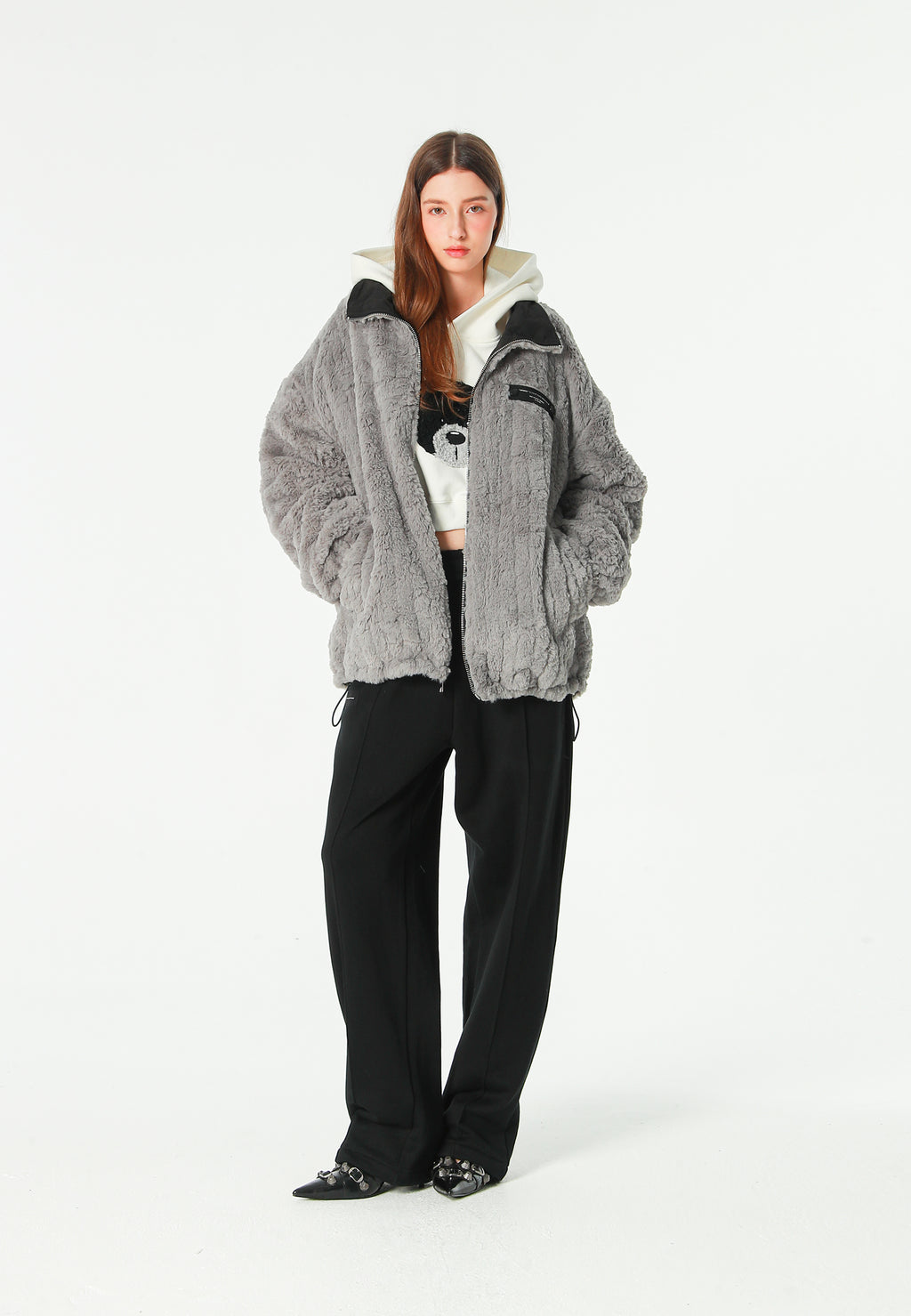 Chaqueta reversible TEDDY de corte relajado con pelo texturizado y parche Mike Bag | MWM [PS_COLORS:GREY]