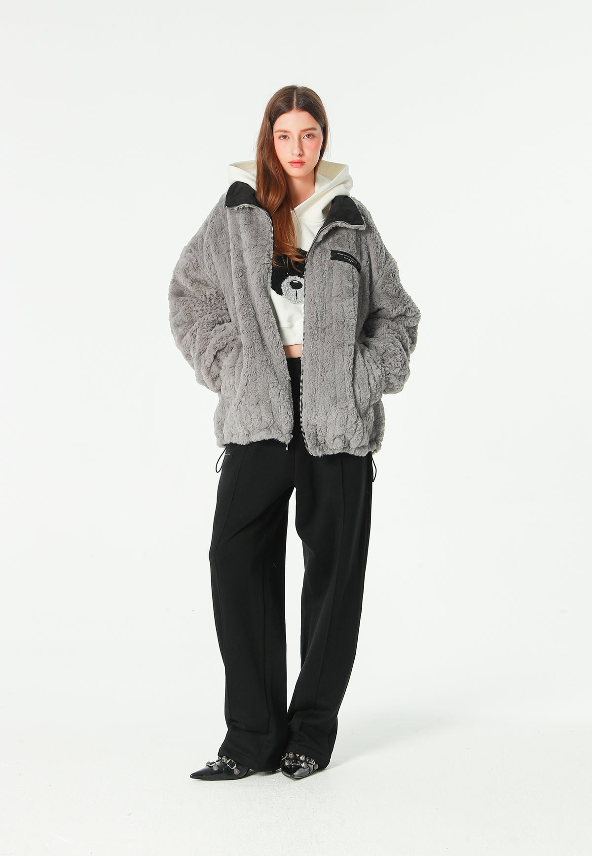 Chaqueta reversible TEDDY de corte relajado con pelo texturizado y parche Mike Bag | MWM [PS_COLORS:GREY]
