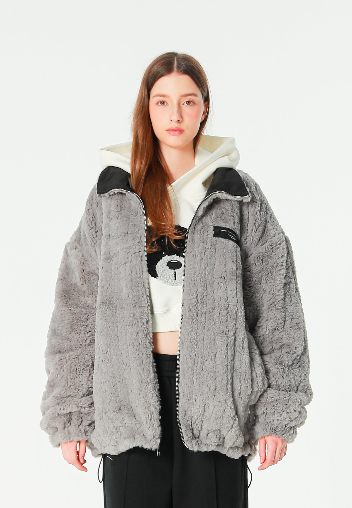 Chaqueta reversible TEDDY de corte relajado con pelo texturizado y parche Mike Bag | MWM [PS_COLORS:GREY]