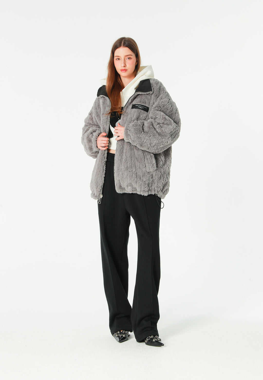 Chaqueta reversible TEDDY de corte relajado con pelo texturizado y parche Mike Bag | MWM [PS_COLORS:GREY]