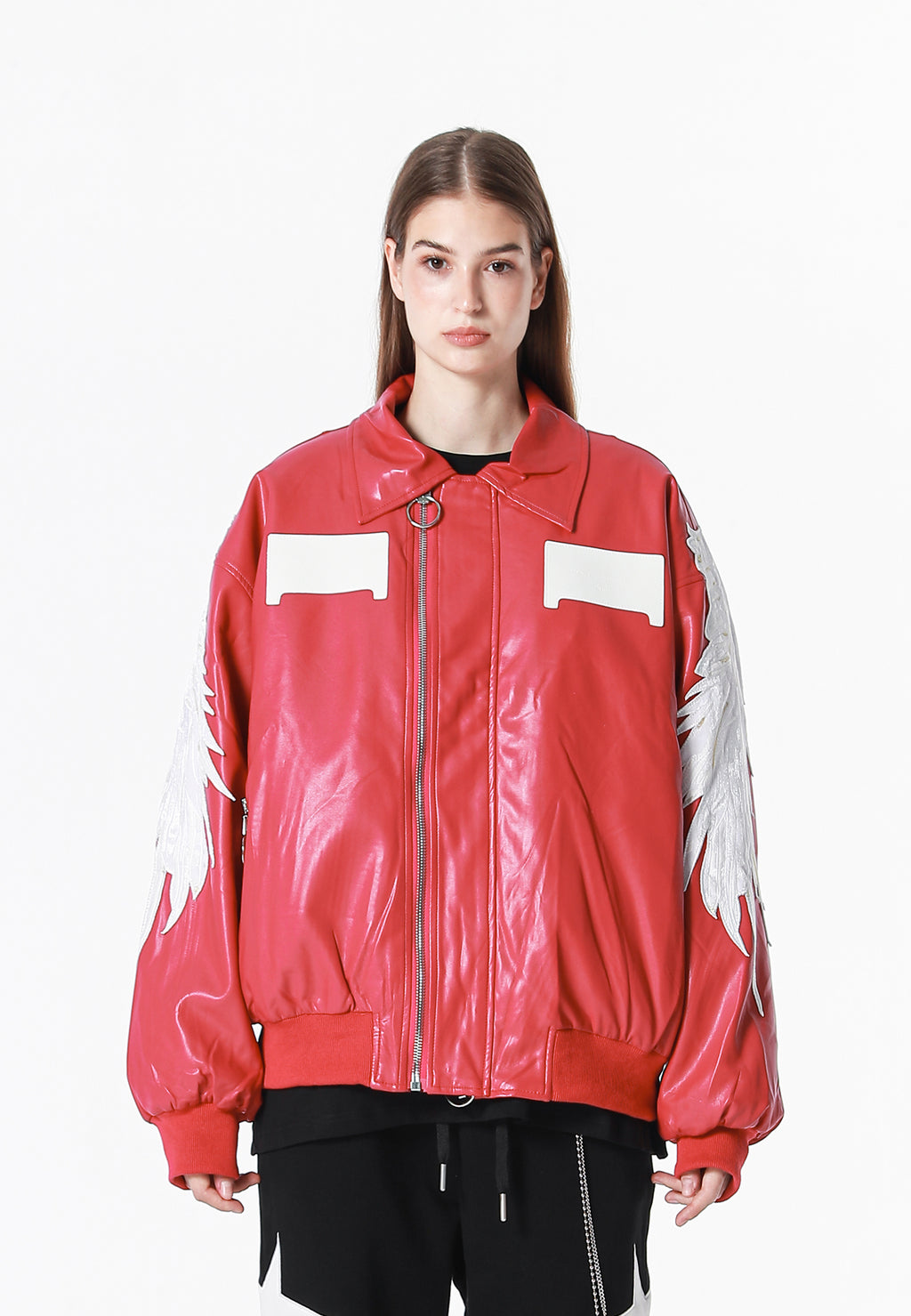 Chaqueta bomber Wings efecto piel con alas en mangas y espalda y forro de pelo extraíble | MWM [PS_COLORS:FUCHSIA]