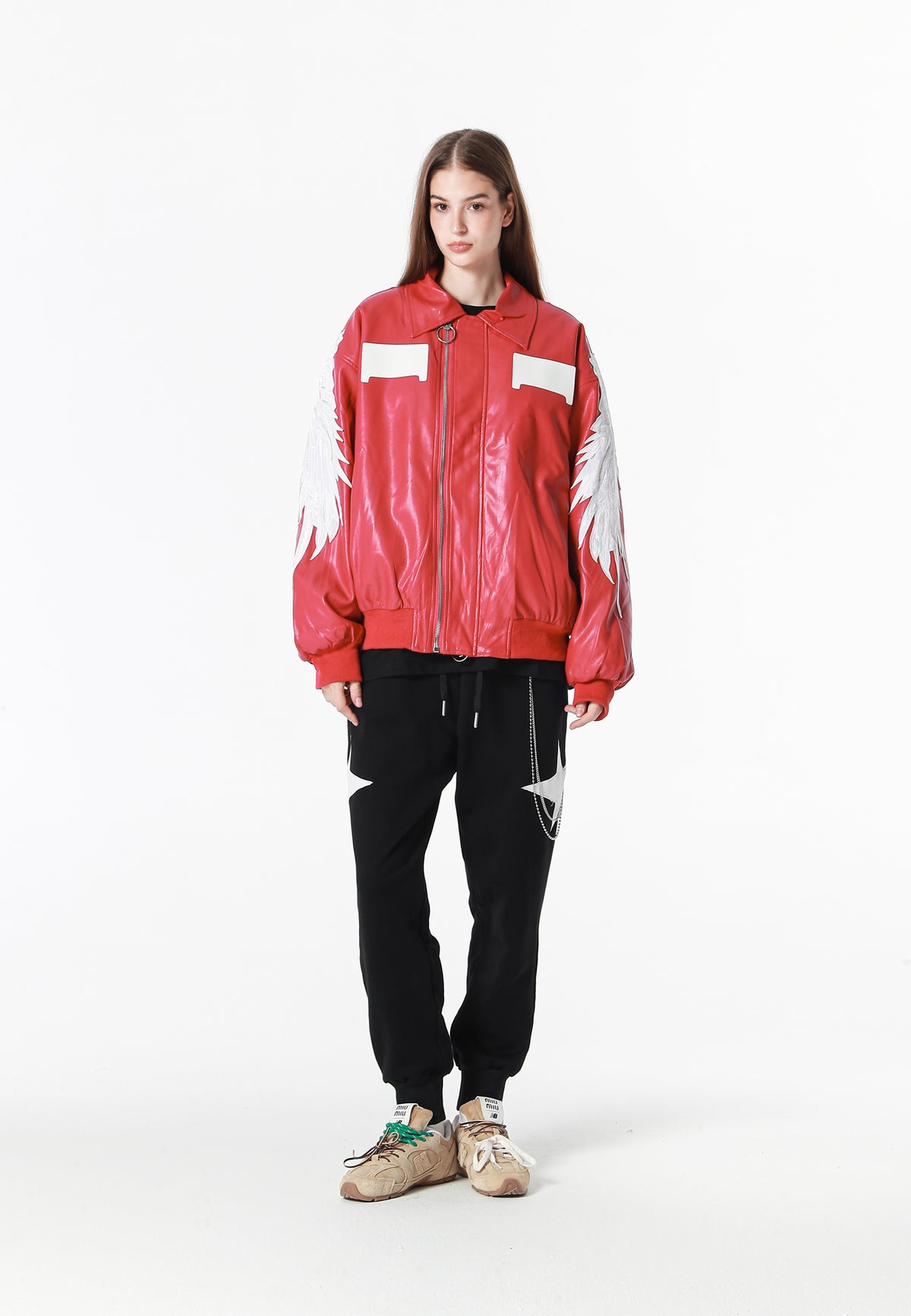 Chaqueta bomber Wings efecto piel con alas en mangas y espalda y forro de pelo extraíble | MWM [PS_COLORS:FUCHSIA]