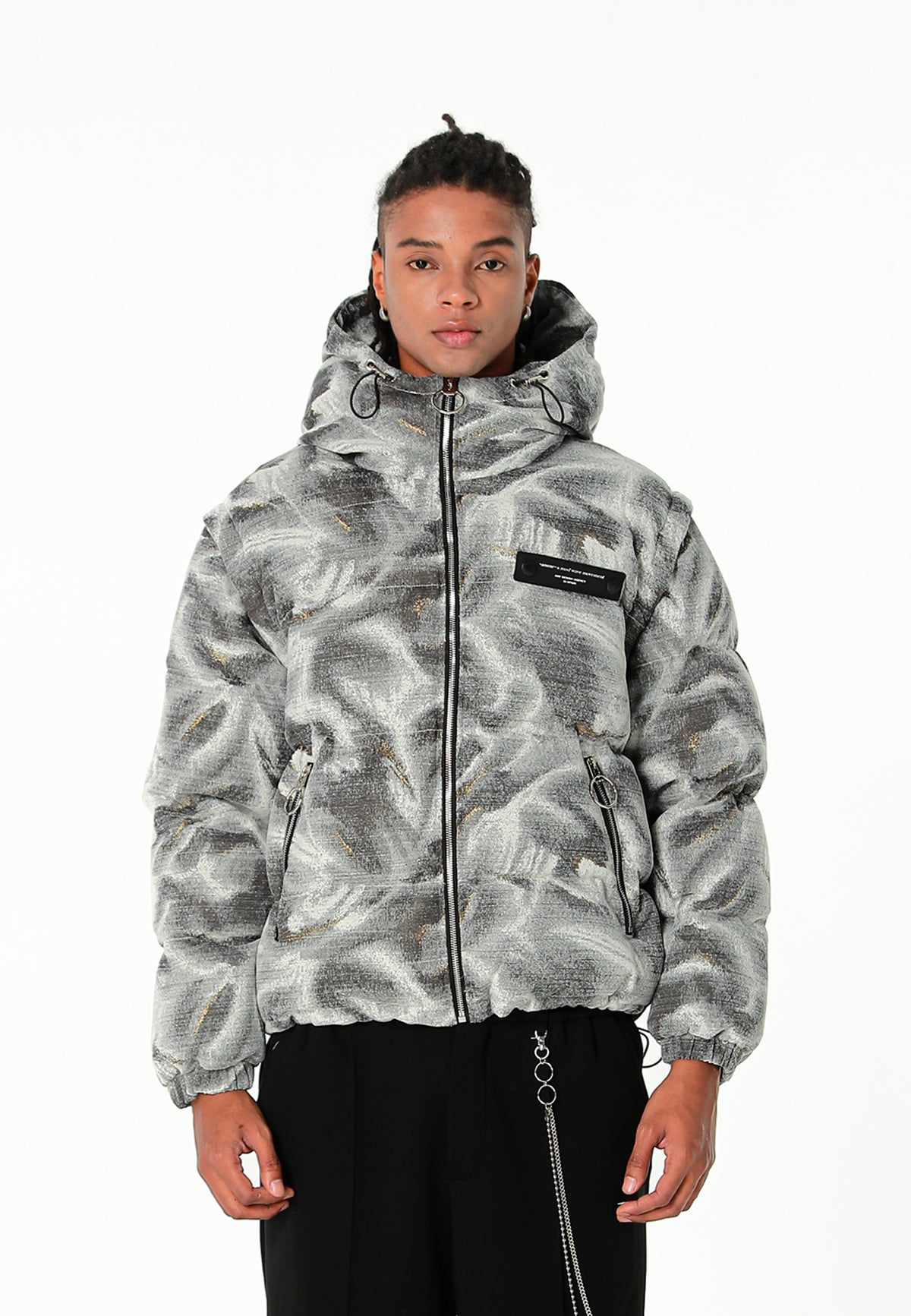 Abrigo puffer jacquard de chenilla con brillo, capucha y mangas desmontables | MWM [PS_COLORS:GREY]