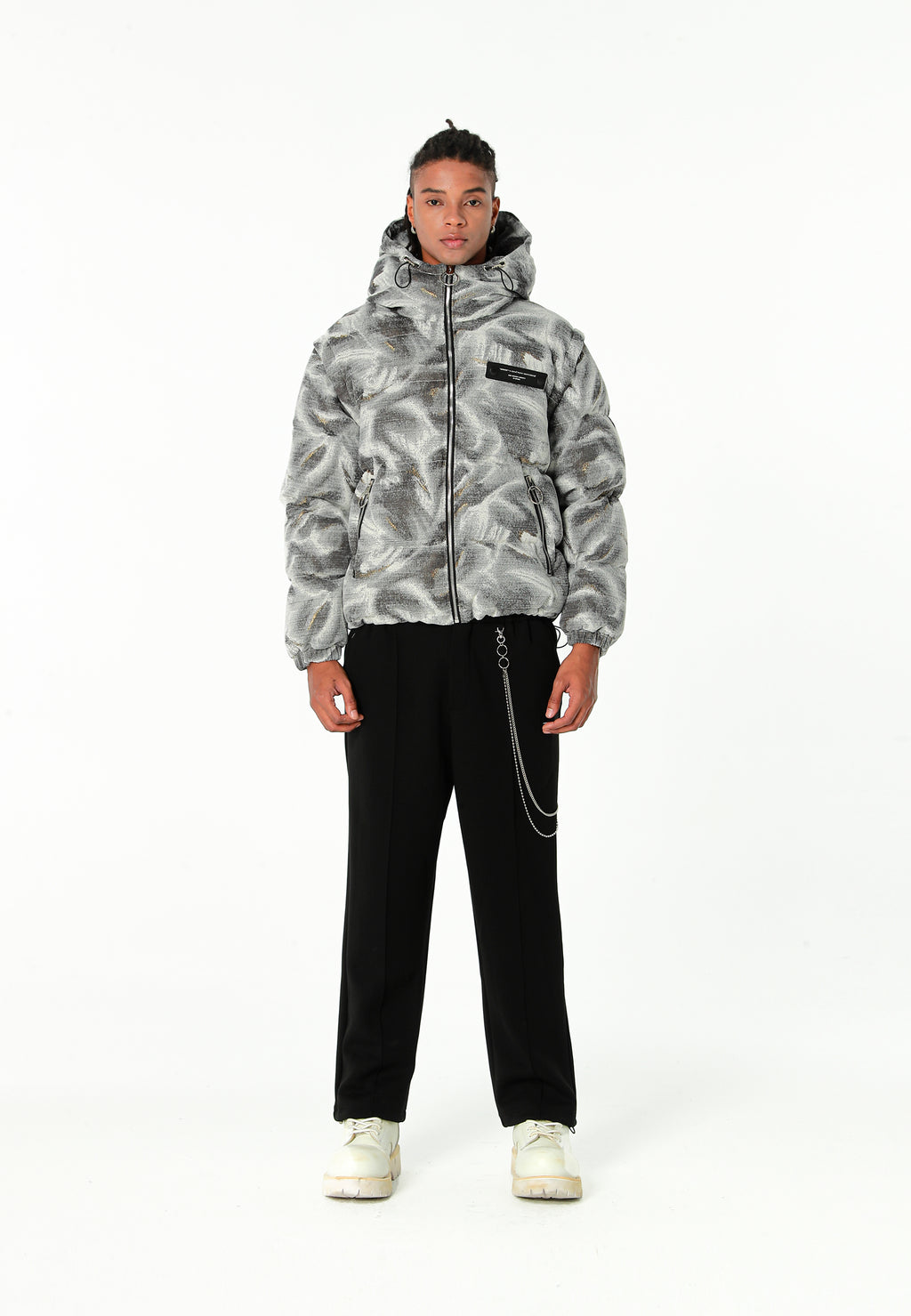 Abrigo puffer jacquard de chenilla con brillo, capucha y mangas desmontables | MWM [PS_COLORS:GREY]