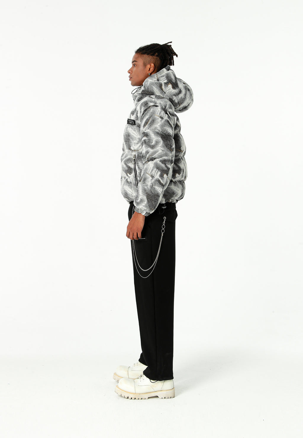 Abrigo puffer jacquard de chenilla con brillo, capucha y mangas desmontables | MWM [PS_COLORS:GREY]