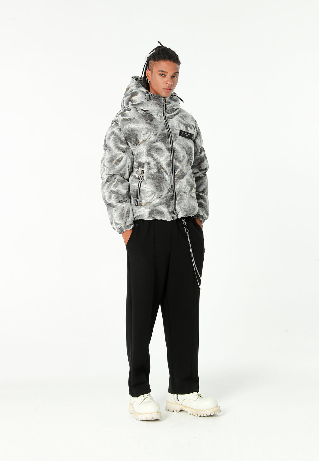 Abrigo puffer jacquard de chenilla con brillo, capucha y mangas desmontables | MWM [PS_COLORS:GREY]