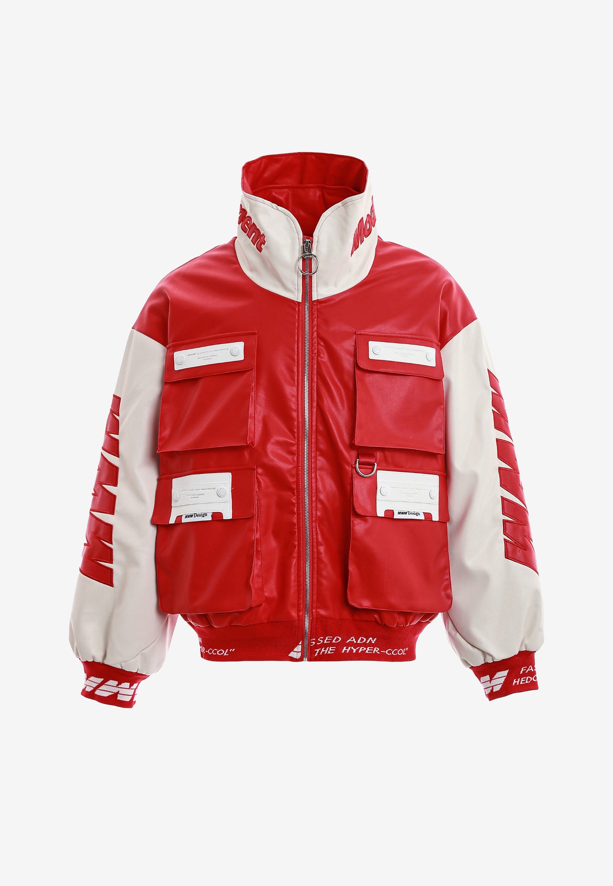 Chaqueta Iconic Logos efecto piel colorblock con cuello alto y cuatro bolsillos | MWM [PS_COLORS:RED]