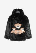 Abrigo TEDDY de pelo con capucha y parches Teddy en pecho y espalda | MWM [PS_COLORS:BLACK]