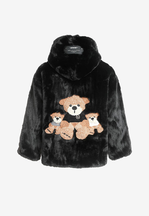 Abrigo TEDDY de pelo con capucha y parches Teddy en pecho y espalda | MWM [PS_COLORS:BLACK]