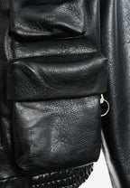 Chaqueta de mujer corta efecto piel con bolsillos en relieve y X de cordones cruzados | MWM [PS_COLORS:BLACK]