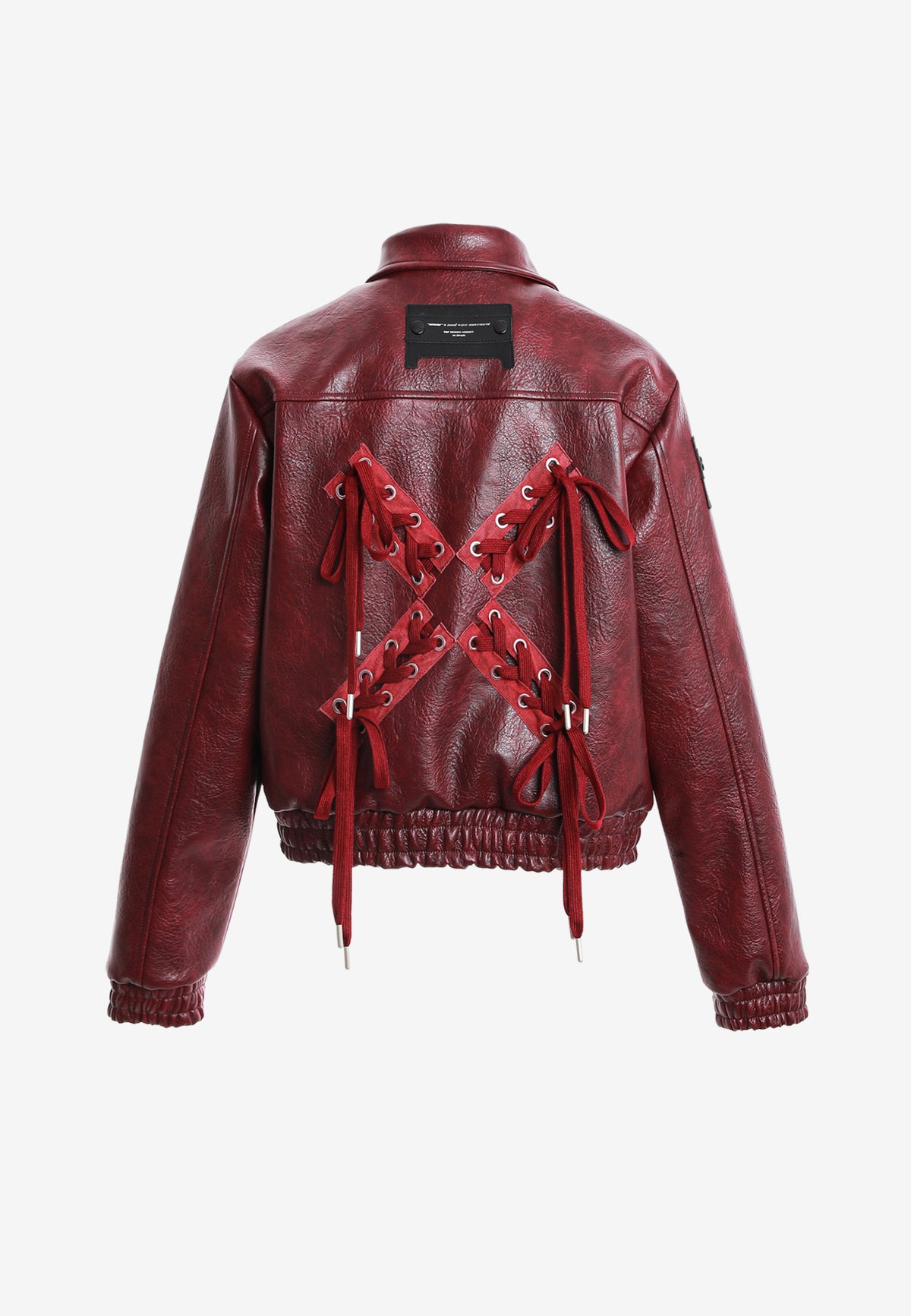 Chaqueta de mujer corta efecto piel con bolsillos en relieve y X de cordones cruzados | MWM [PS_COLORS:BURGUNDY]