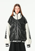 Chaqueta Iconic Logos efecto piel colorblock con cuello alto y cuatro bolsillos | MWM [PS_COLORS:BLACK]