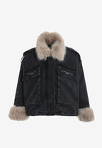 Chaqueta vaquera de mujer TEDDY con cuello y puños de pelo y parche Teddy en la espalda | MWM [PS_COLORS:BLACK]