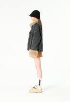 Chaqueta vaquera de mujer TEDDY con cuello y puños de pelo y parche Teddy en la espalda | MWM [PS_COLORS:BLACK]