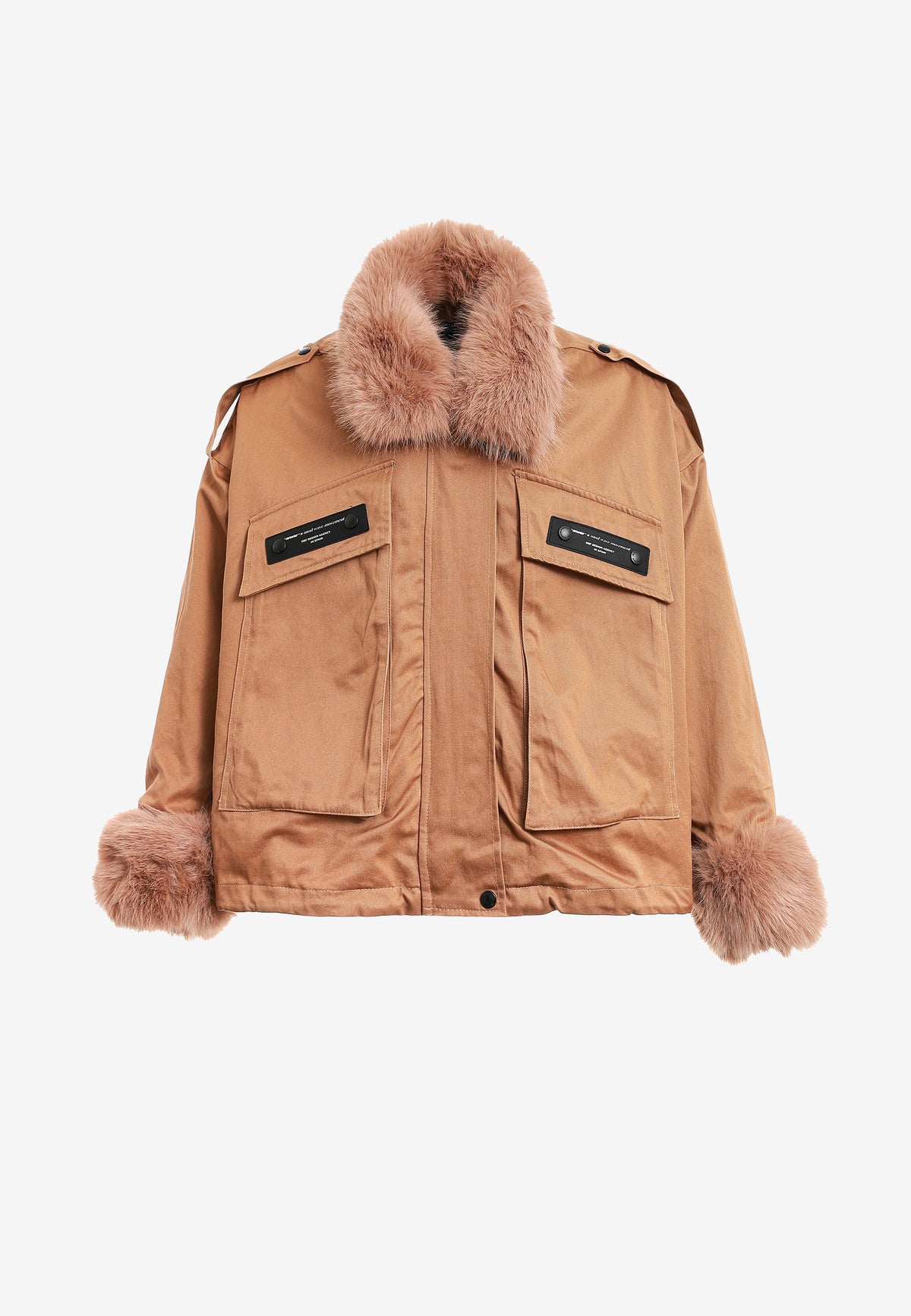 Chaqueta de mujer de canvas con cuello y puños de pelo | MWM [PS_COLORS:CAMEL]