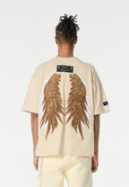 Camiseta Wings de corte relajado con estrellas frontales y doble parche de alas en la espalda | MWM [PS_COLORS:BEIGE]